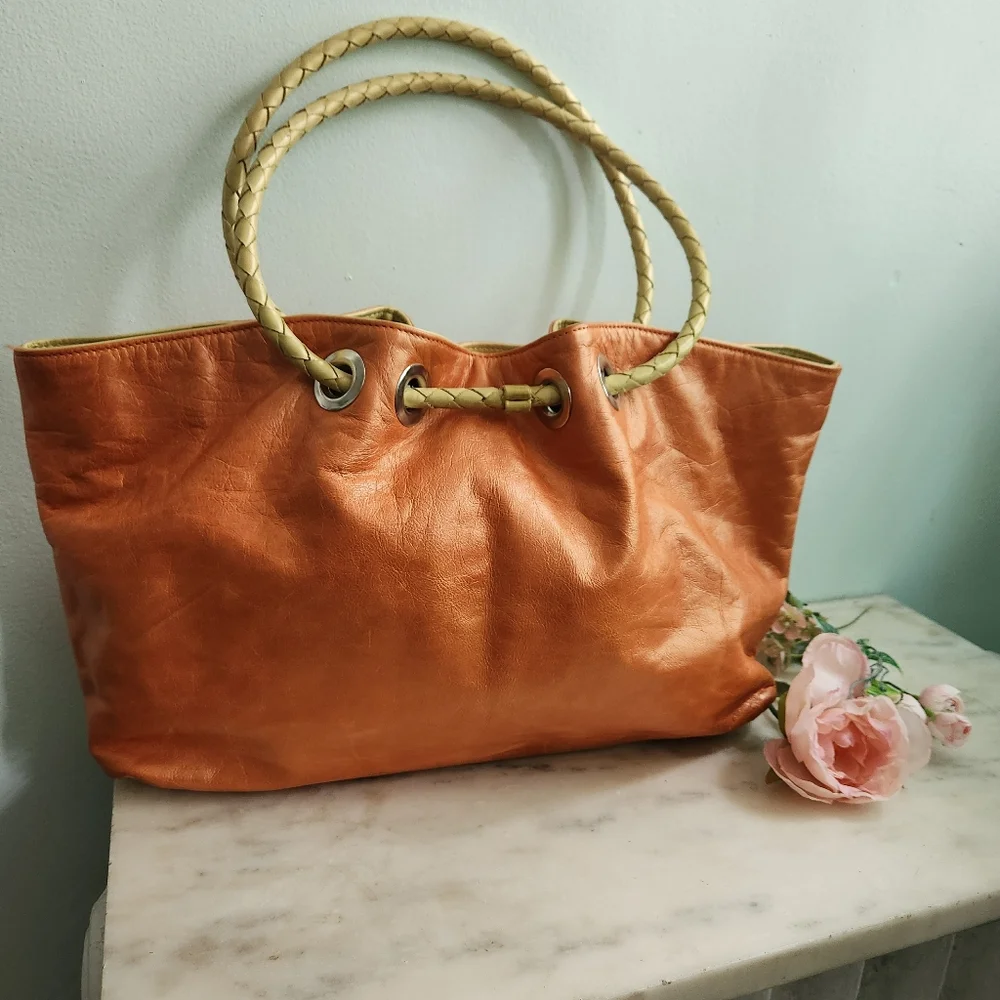 Susan Farber Sicily Metallic Orange Hobo Bag Large‎ Leather Purse Handbag - Picture 3 of 6